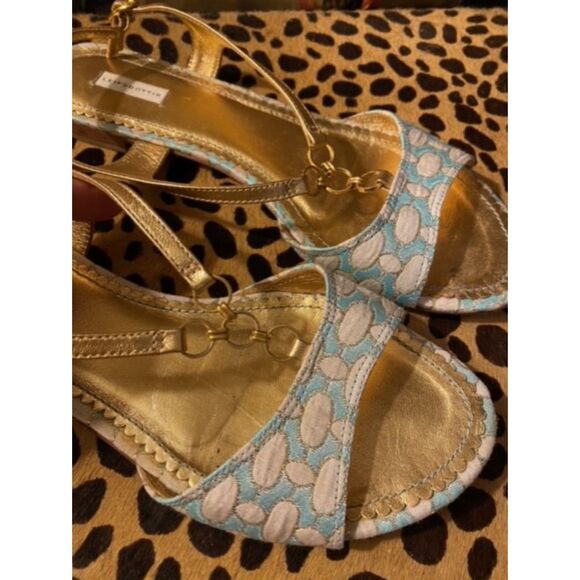 EUC Leifsdottir Gold Aqua Brocade T-Strap Chain Flat Sandals 38 1/2 8.5 - Picture 2 of 5